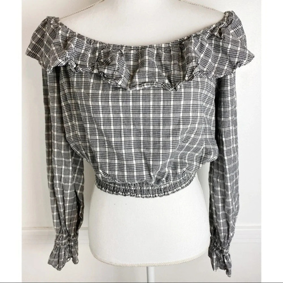 Tularosa • Black White Plaid Off Shoulder Blouse - Picture 1 of 4